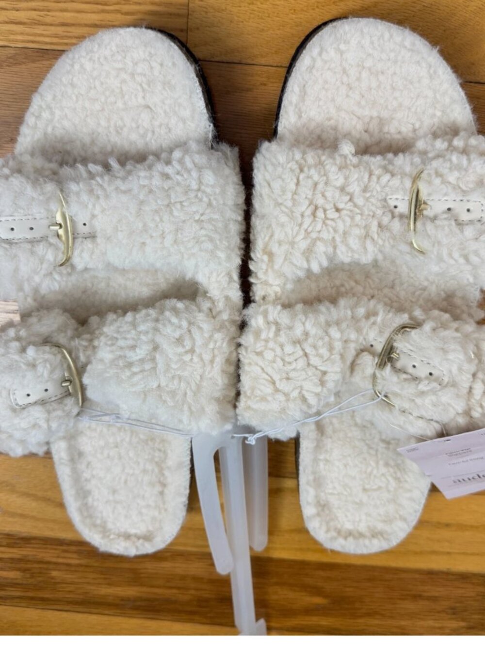 Auden Womens Two Band Buckle Slide Faux Fur Slippers Cream Off White 10
